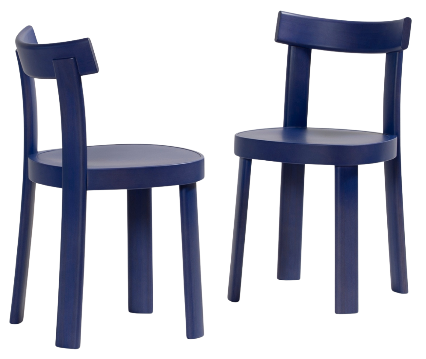 Bla Station Frankfurter chairs in front and side views in timber material with blue finishes.