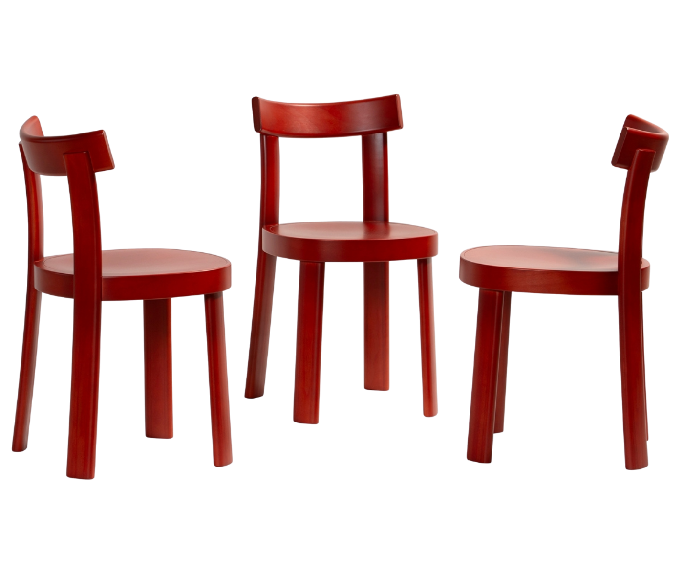 Bla Station Frankfurter chairs in red-stained timber, displayed from multiple angles.
