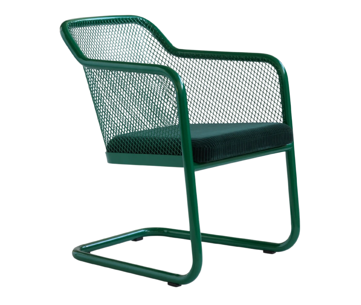 Bla Station Honken X chair with green mesh shell, upholstered seat cushion, and cantilever base.