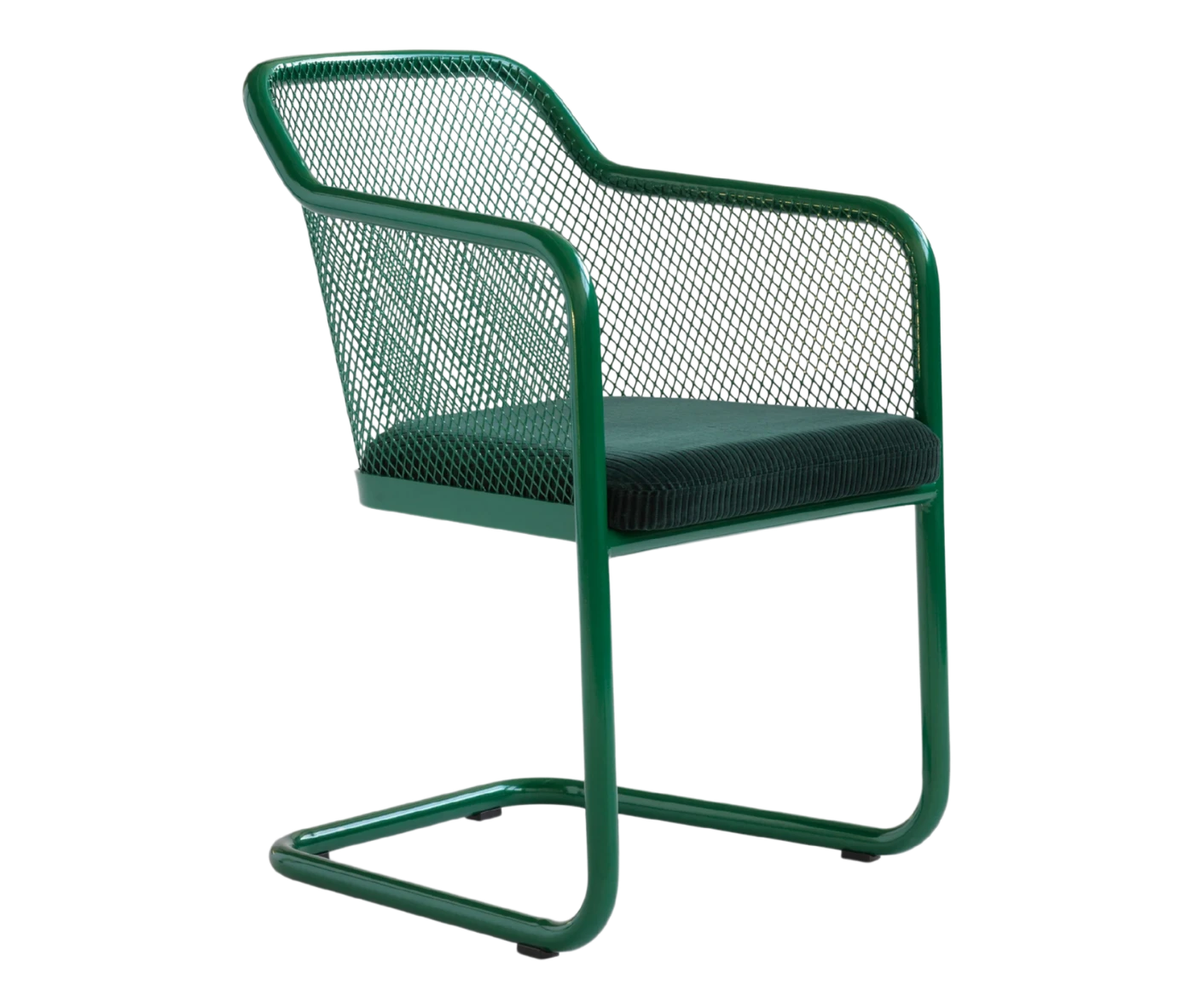 Bla Station Honken X chair in front-right view with green mesh shell, upholstered seat cushion, and cantilever base.