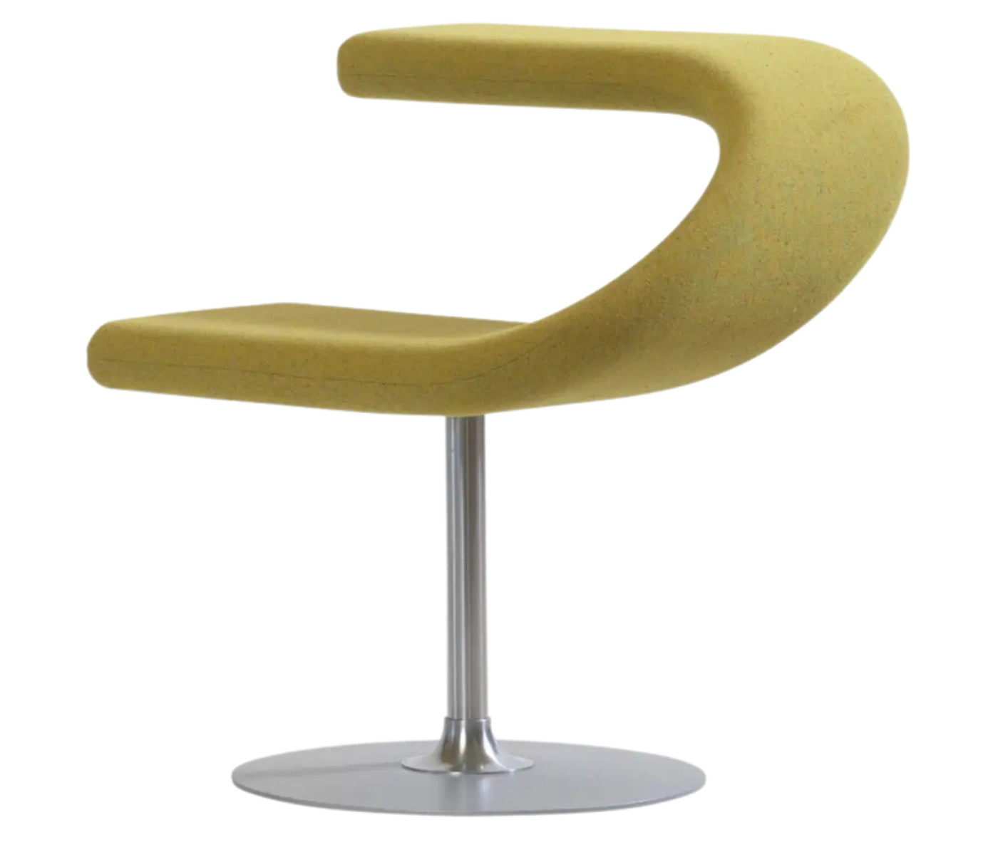 Bla Station Innovation C-shaped chair in front-left view, combining seating and a tabletop with yellow upholstery.