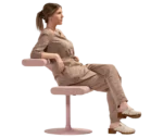 Person seating on Bla Station Innovation C-shaped chair, combining it's seat and tabletop.