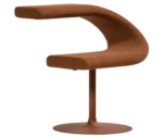 Bla Station Innovation C-shaped chair in front-right view, combining seating and a tabletop with brown upholstery.