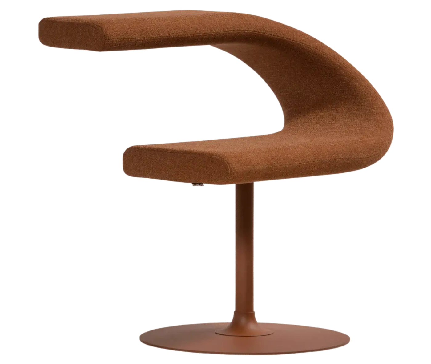 Bla Station Innovation C-shaped chair in front-right view, combining seating and a tabletop with brown upholstery.