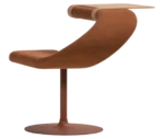 Bla Station Innovation C-shaped chair in back view with upholstered design, integrated timber tabletop, and pedestal base.