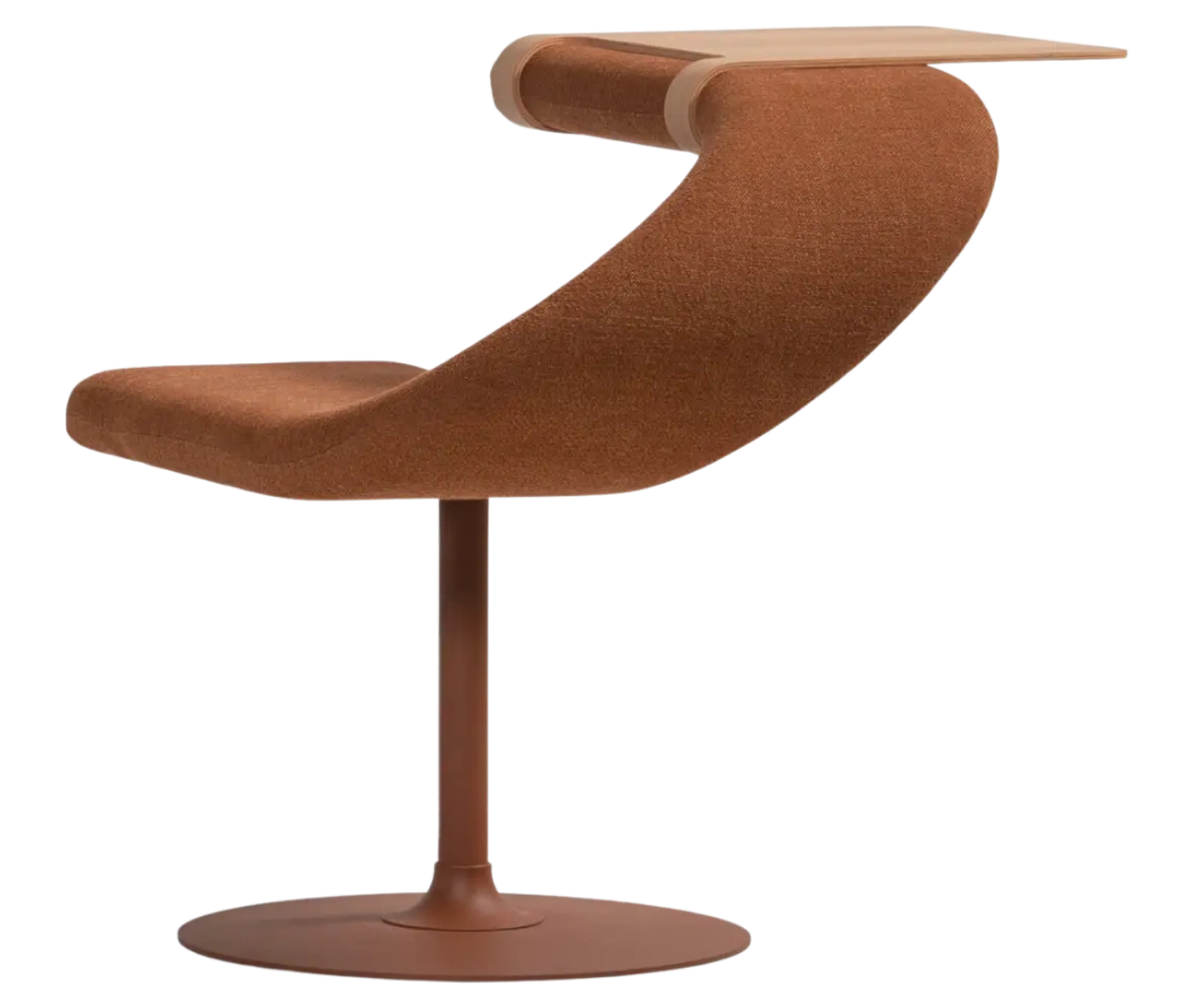 Bla Station Innovation C-shaped chair in back view with upholstered design, integrated timber tabletop, and pedestal base.