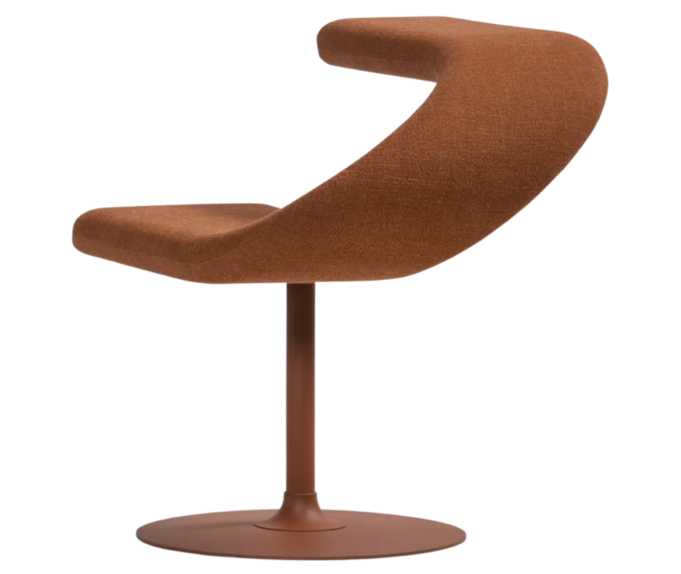 Bla Station Innovation C-shaped chair in back view, combining seating and a tabletop with brown upholstery.