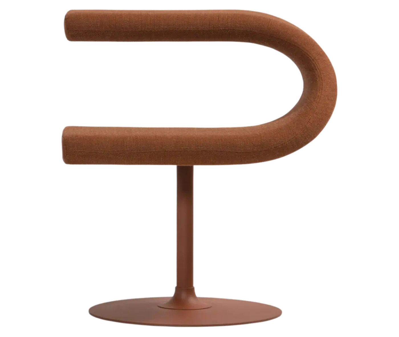Bla Station Innovation C-shaped chair in front view, combining seating and a tabletop with brown upholstery.