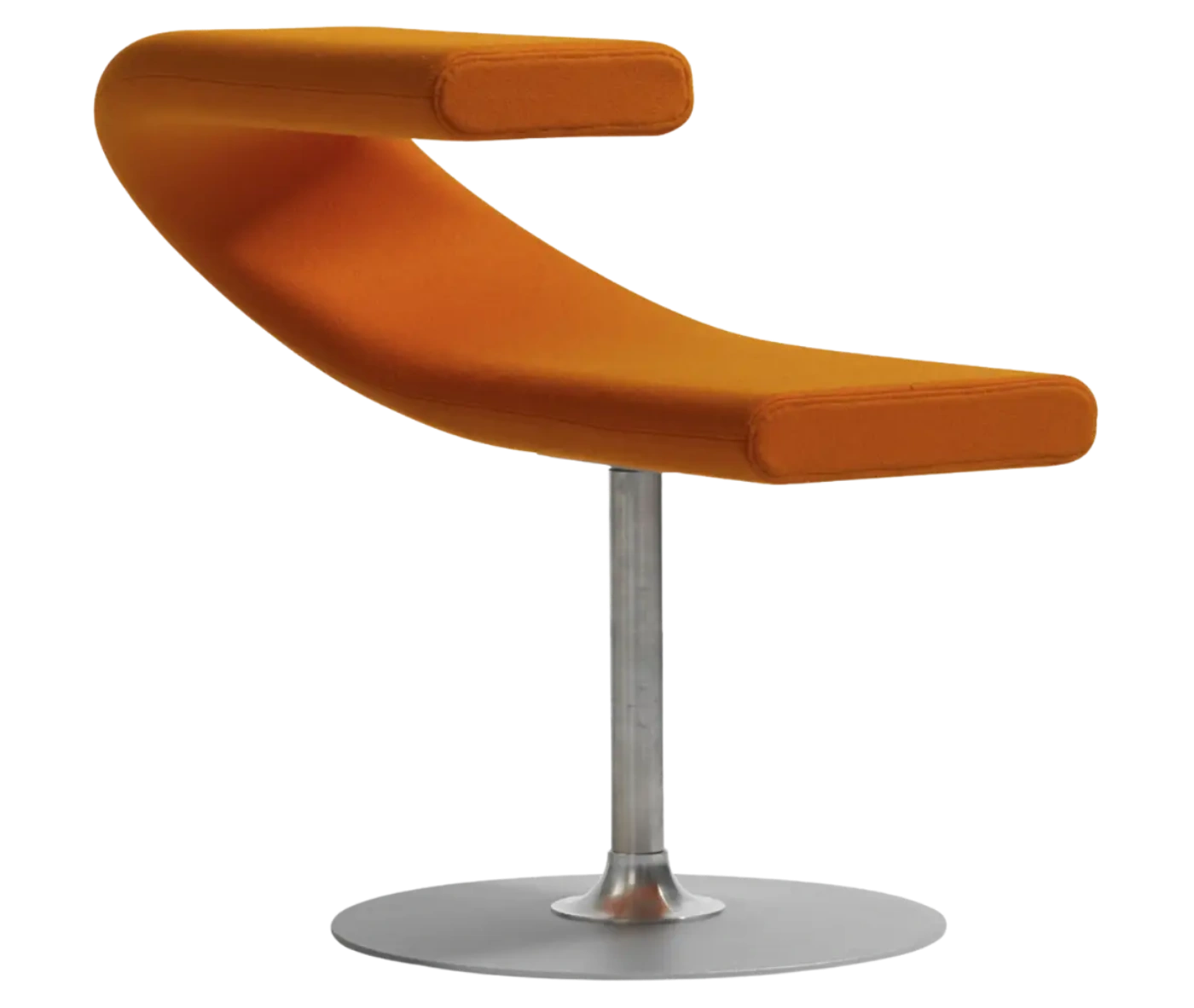 Bla Station Innovation C-shaped chair in a tilted view, combining seating and a tabletop with orange upholstery.