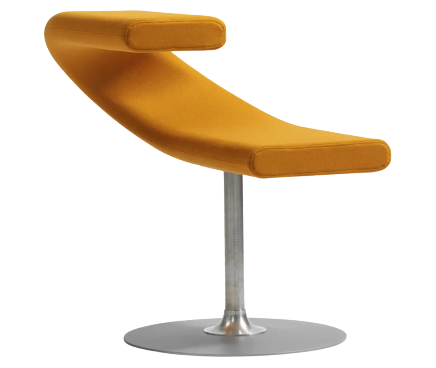 Bla Station Innovation C-shaped chair in a tilted view, combining seating and a tabletop with yellow upholstery.
