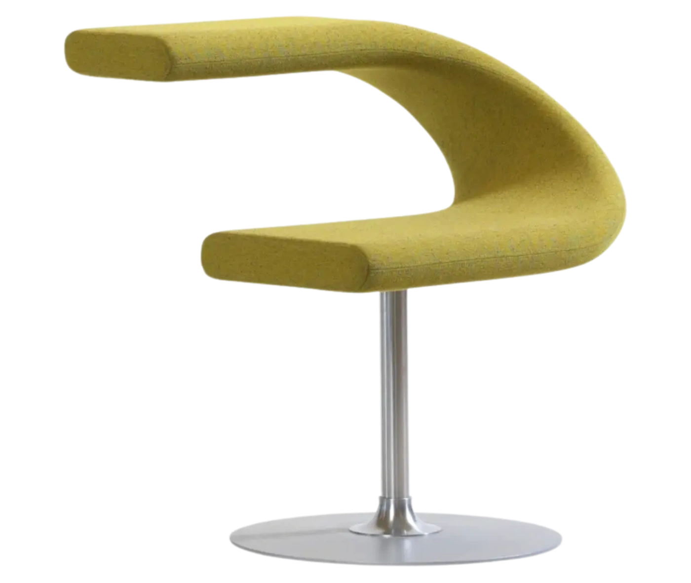 Bla Station Innovation C-shaped chair in front-right view, combining seating and a tabletop with yellow upholstery.