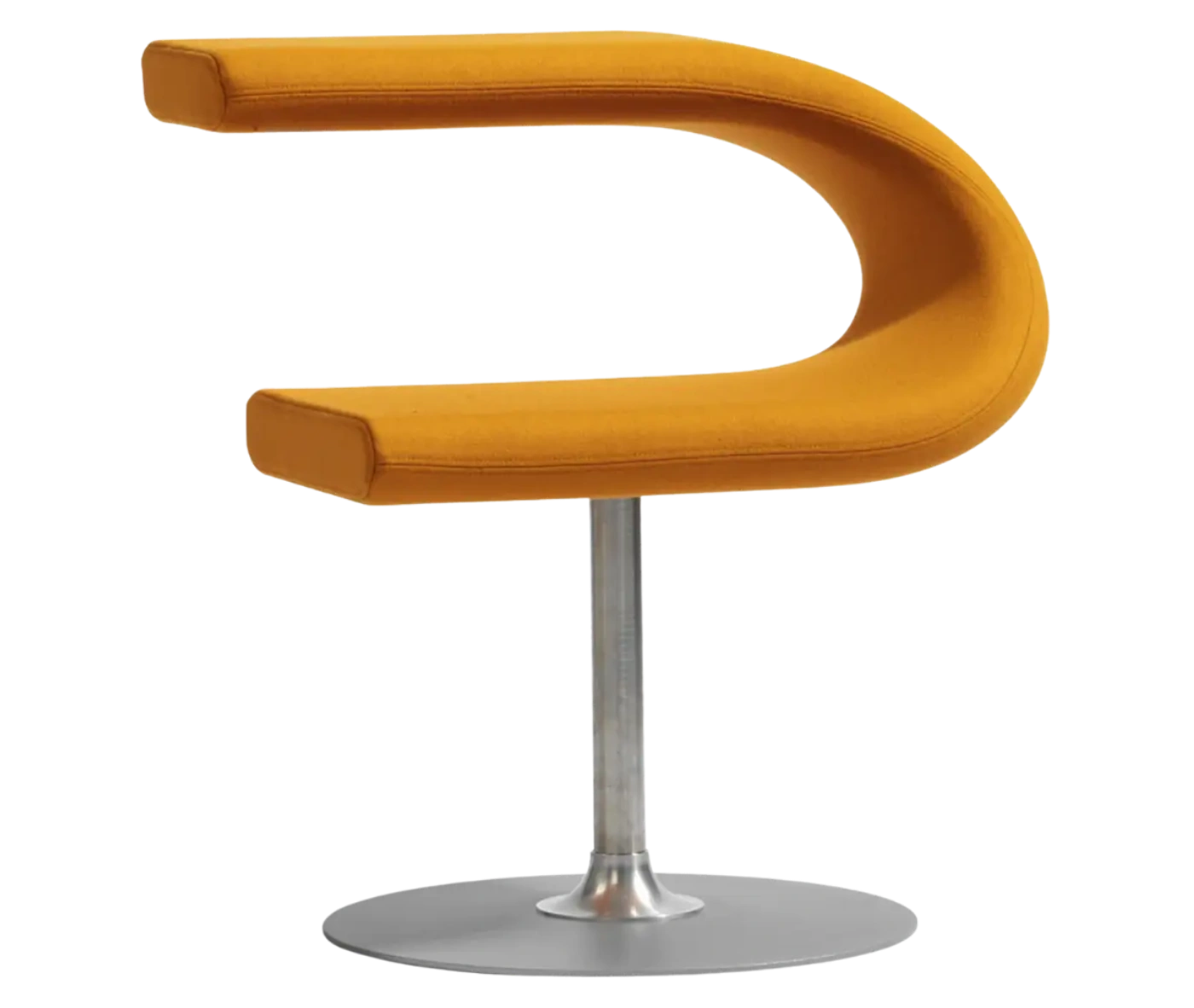 Bla Station Innovation C-shaped chair in front view, combining seating and a tabletop with yellow upholstery.