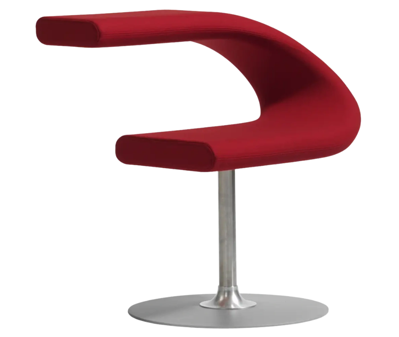 Bla Station Innovation C-shaped chair in front-right view, combining seating and a tabletop with dark red upholstery.