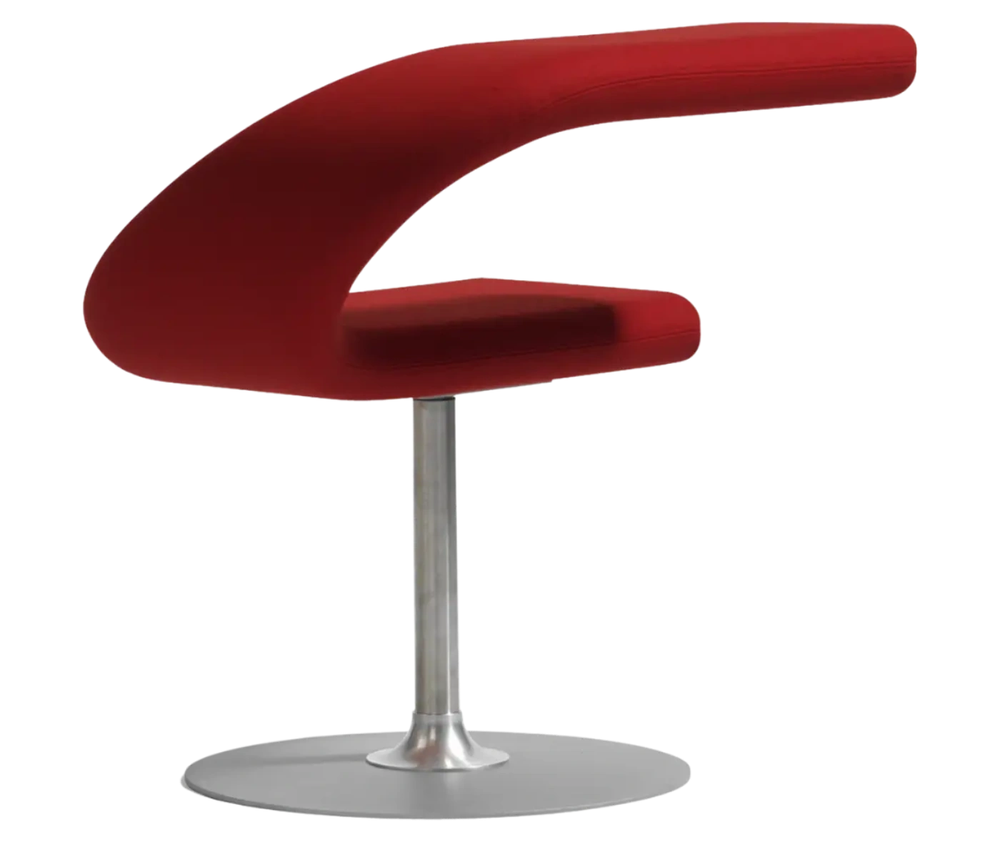 Bla Station Innovation C-shaped chair in a tilted side view, combining seating and a tabletop with dark red upholstery.
