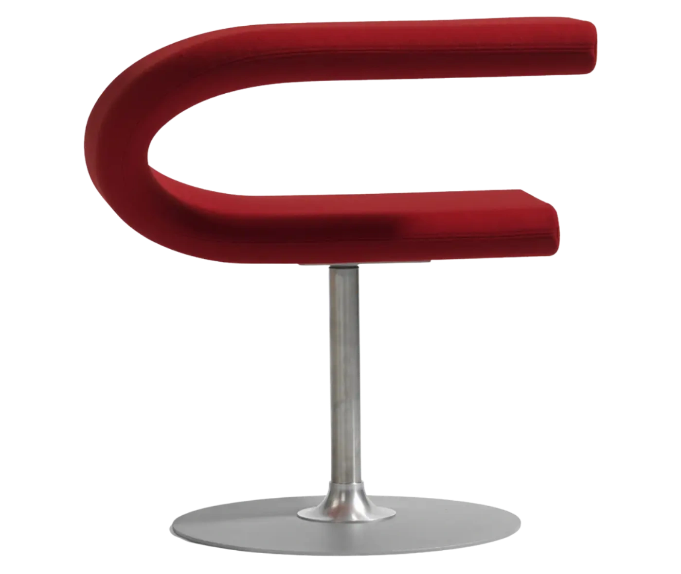 Bla Station Innovation C-shaped chair in front view, combining seating and a tabletop with dark red upholstery.