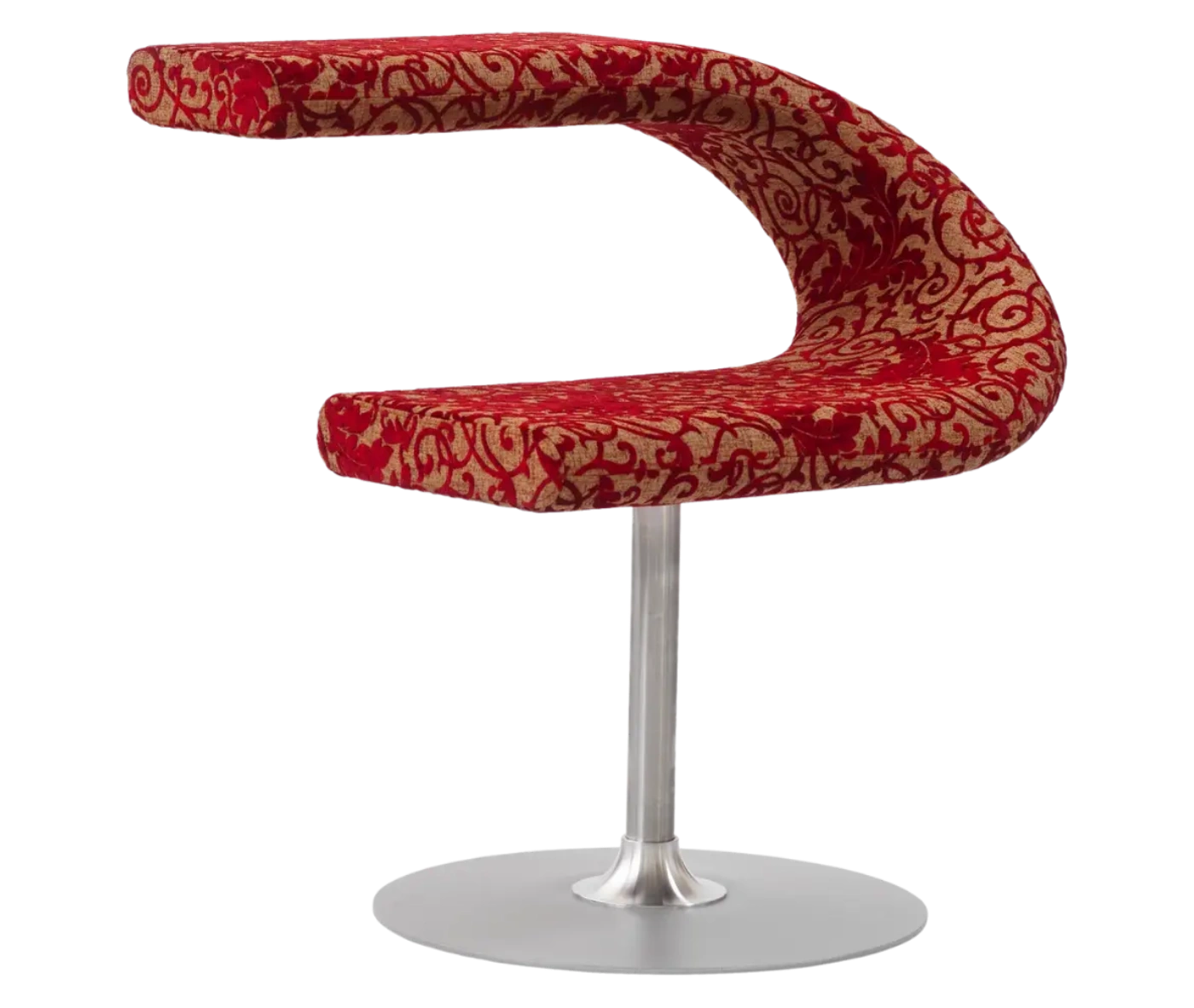Bla Station Innovation C-shaped chair in front-right view, combining seating and a tabletop surface with red floral upholstery.