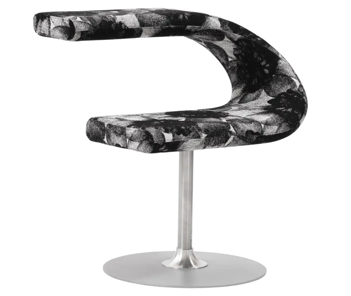 Bla Station Innovation C-shaped chair in front-right view, combining seating and a tabletop with abstract upholstery.