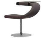 Bla Station Innovation C-shaped chair in front-left view with upholstered design, integrated dark timber tabletop, and pedestal base.
