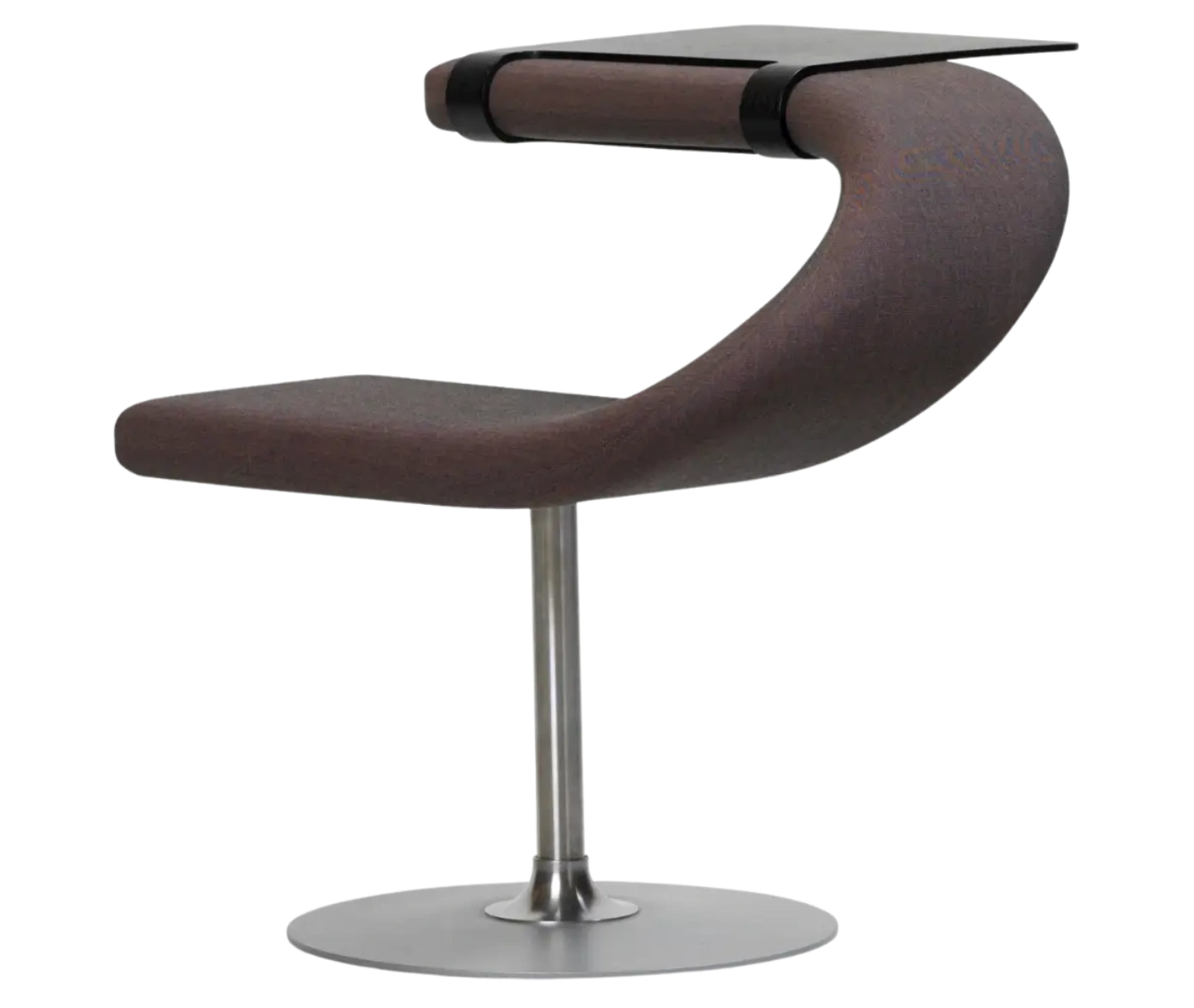 Bla Station Innovation C-shaped chair in front-left view with upholstered design, integrated dark timber tabletop, and pedestal base.