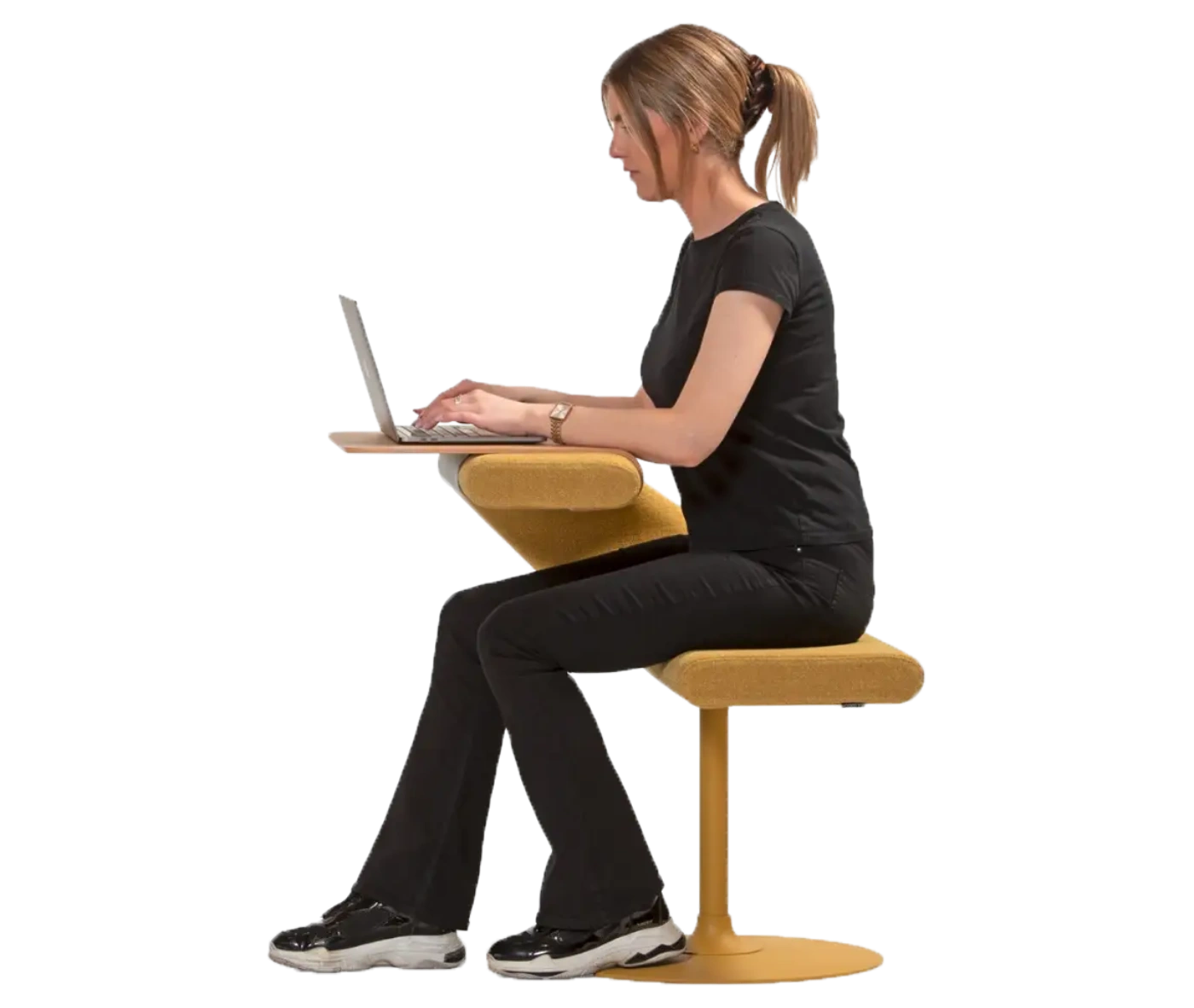 Bla Station Innovation C-shaped chair in side view, with a person using it for both seating and laptop work