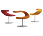 Bla Station Innovation C collection showcasing C-shaped chairs in assorted upholstery on pedestal bases.