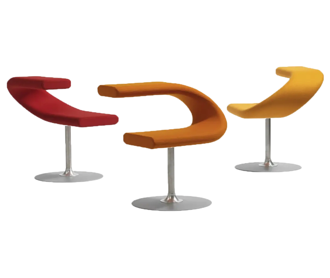 Bla Station Innovation C collection showcasing C-shaped chairs in assorted upholstery on pedestal bases.