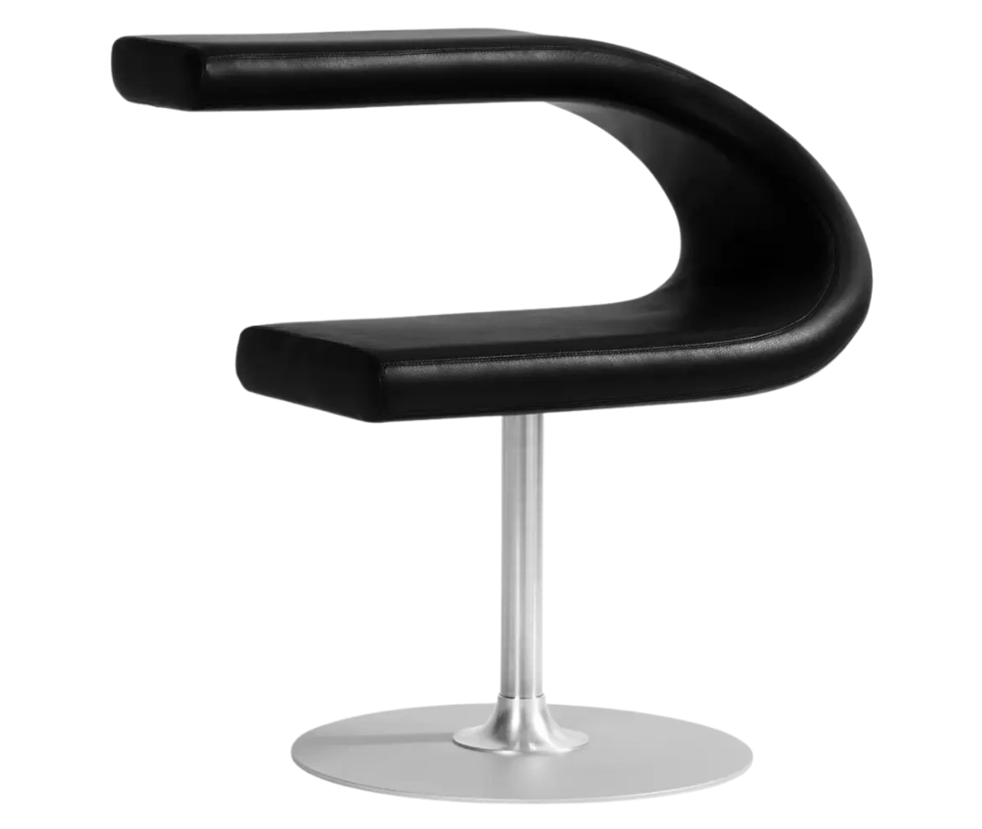 Bla Station Innovation C-shaped chair in front view, combining seating and a tabletop with leather upholstery.