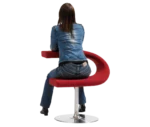 Bla Station Innovation C chair in red upholstery, with a person using the lower section as a seat and the upper curve as a table.