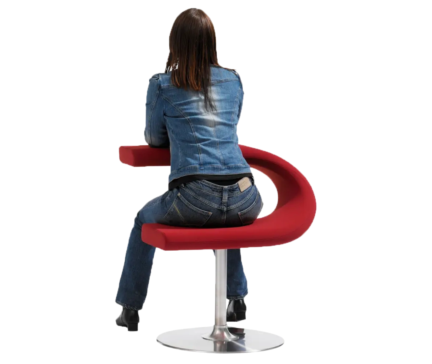 Bla Station Innovation C chair in red upholstery, with a person using the lower section as a seat and the upper curve as a table.