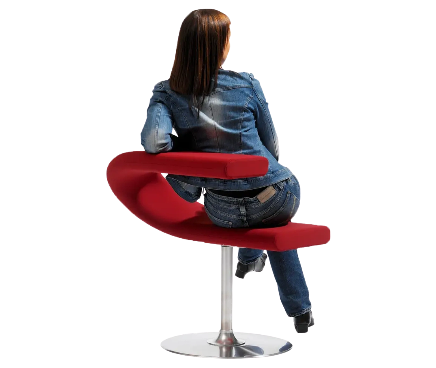 Bla Station Innovation C chair in back view, with a person using the lower section as a seat and the upper curve as a backrest.