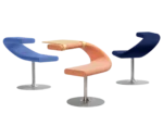 Bla Station Innovation C chairs with metal pedestal bases in assorted upholstery colours, with timber table extension.