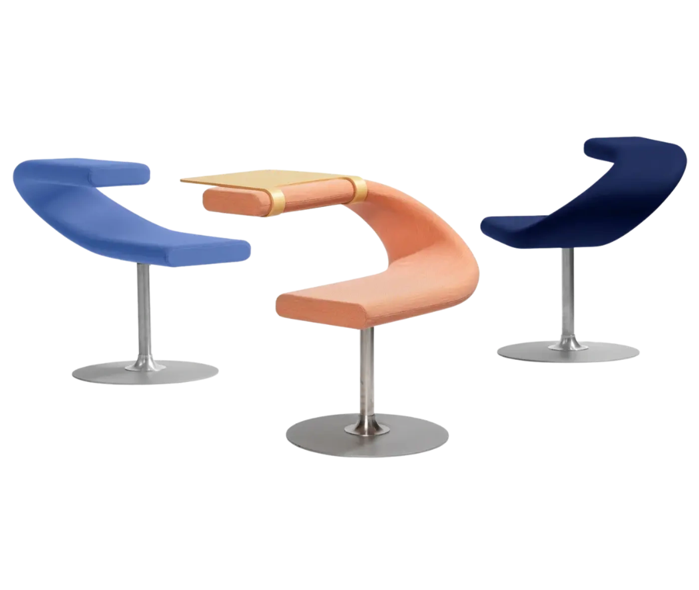 Bla Station Innovation C chairs with metal pedestal bases in assorted upholstery colours, with timber table extension.