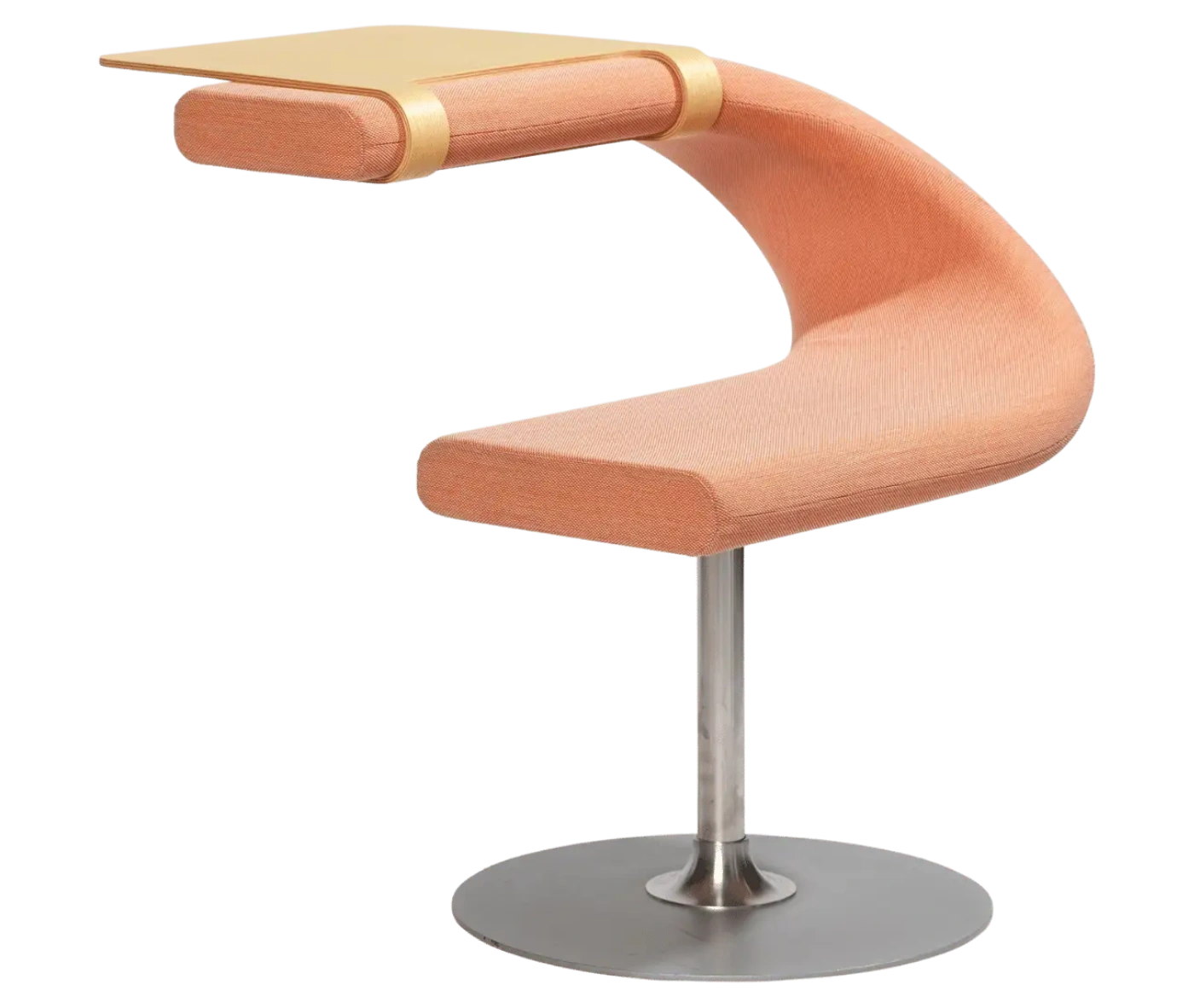 Bla Station Innovation C chair in a C shaped upholstered design, integrated timber tabletop, and pedestal base.