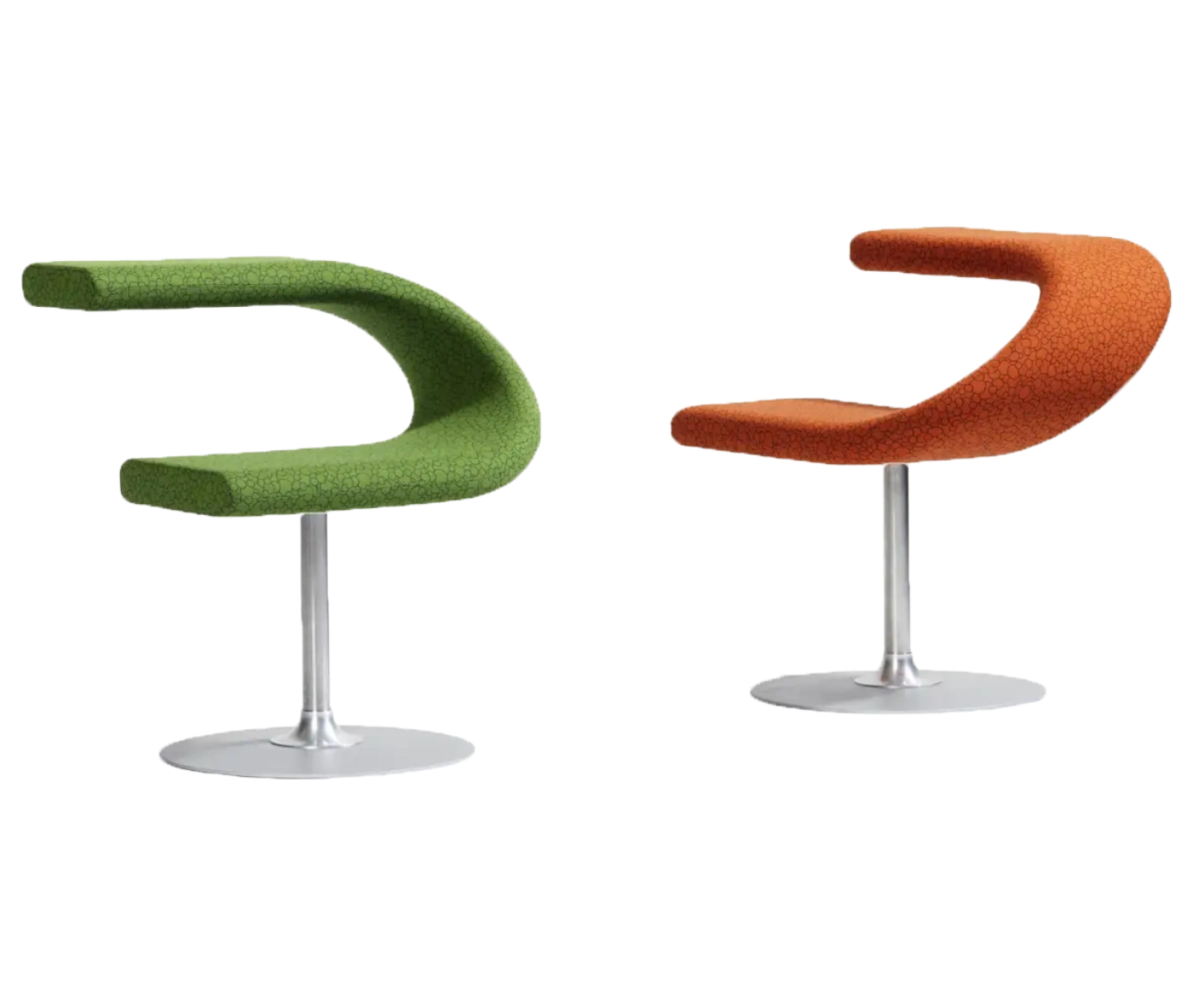 Bla Station Innovation C chairs with metal pedestal bases in green and orange upholstery.