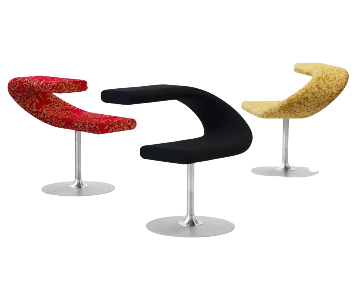 Bla Station Innovation C-shaped chairs with metal pedestal bases in assorted solid and patterned upholstery options.
