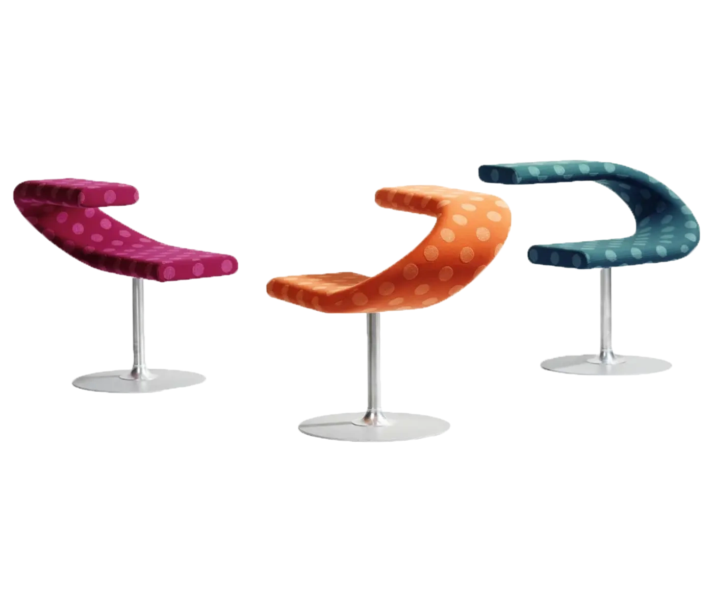 Bla Station Innovation C-shaped chairs with metal pedestal bases in assorted patterned upholstery options.
