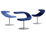 Bla Station Innovation C-shaped chairs with metal pedestal bases in different upholstery.