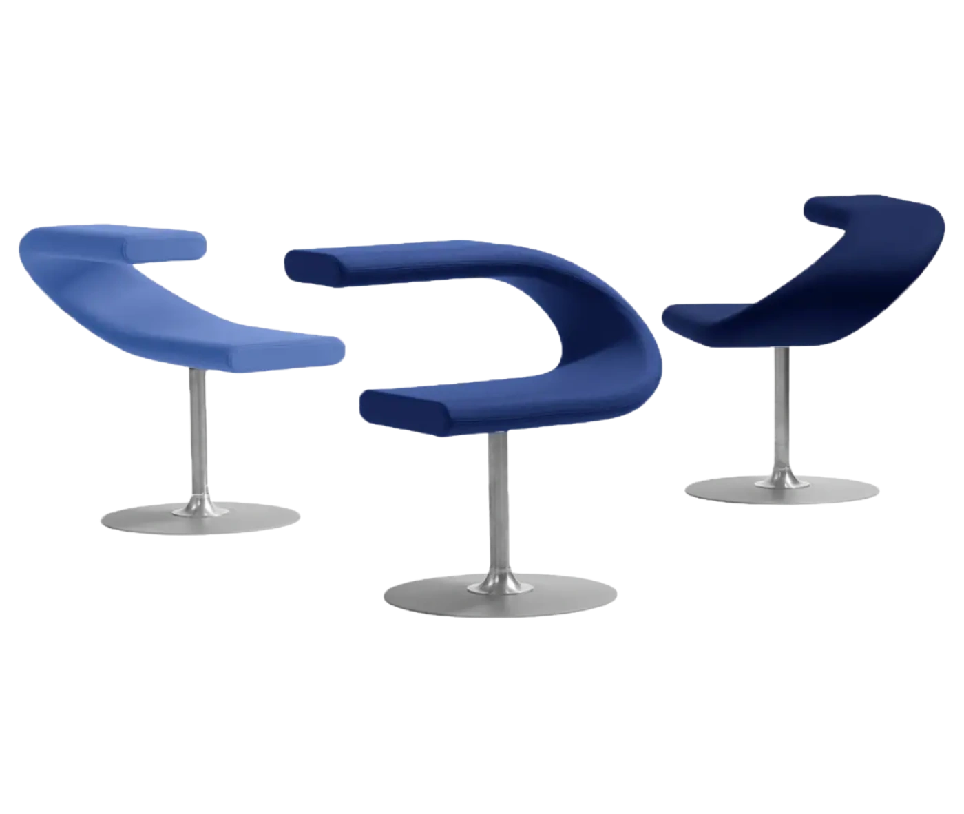 Bla Station Innovation C-shaped chairs with metal pedestal bases in different upholstery.