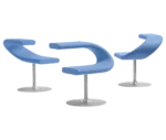 Bla Station Innovation C-shaped chairs showcasing blue upholstery on metal pedestal bases.