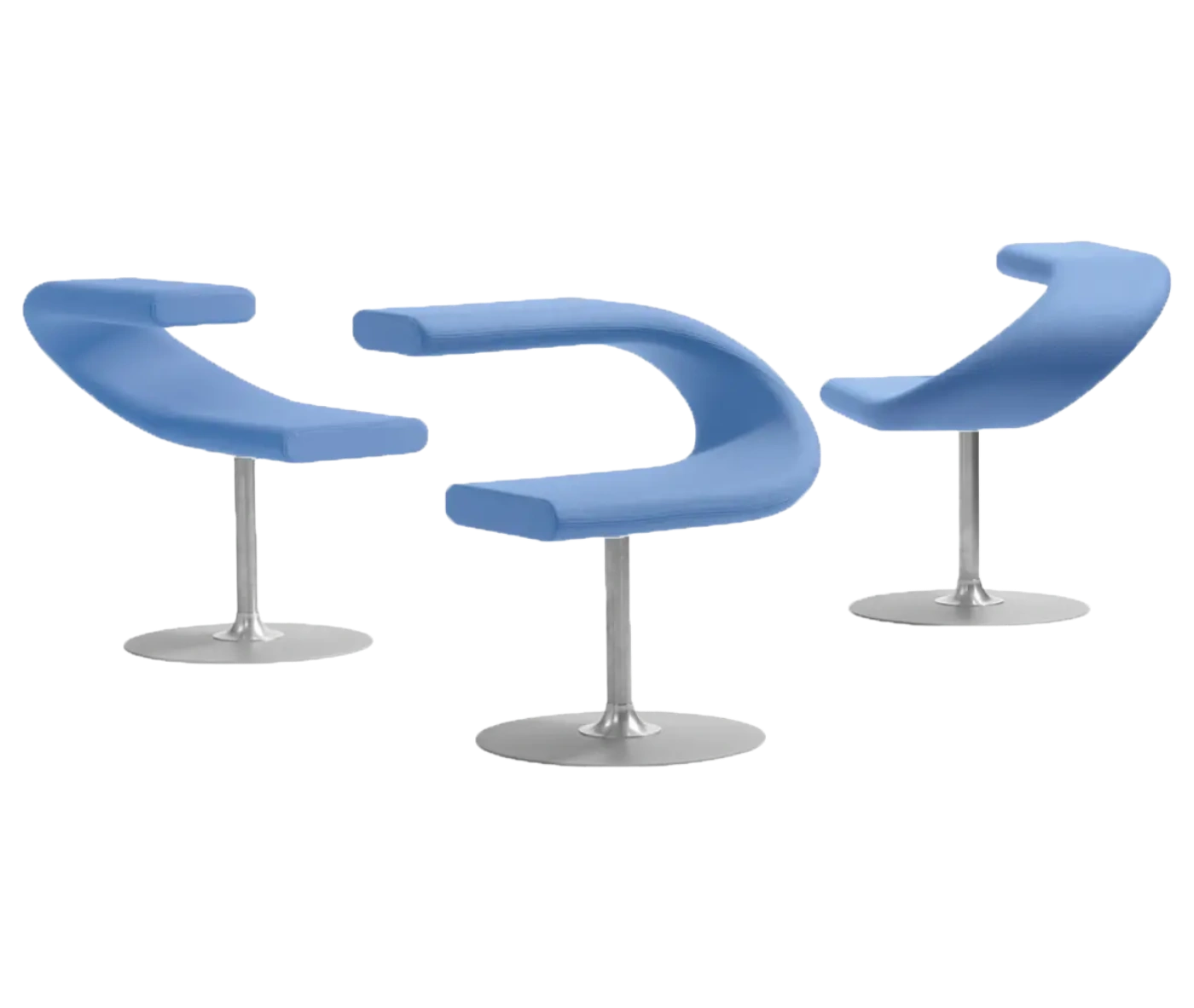 Bla Station Innovation C-shaped chairs showcasing blue upholstery on metal pedestal bases.