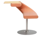 Bla Station Innovation C-shaped chair in front view, upholstered design, integrated timber tabletop, and pedestal base.