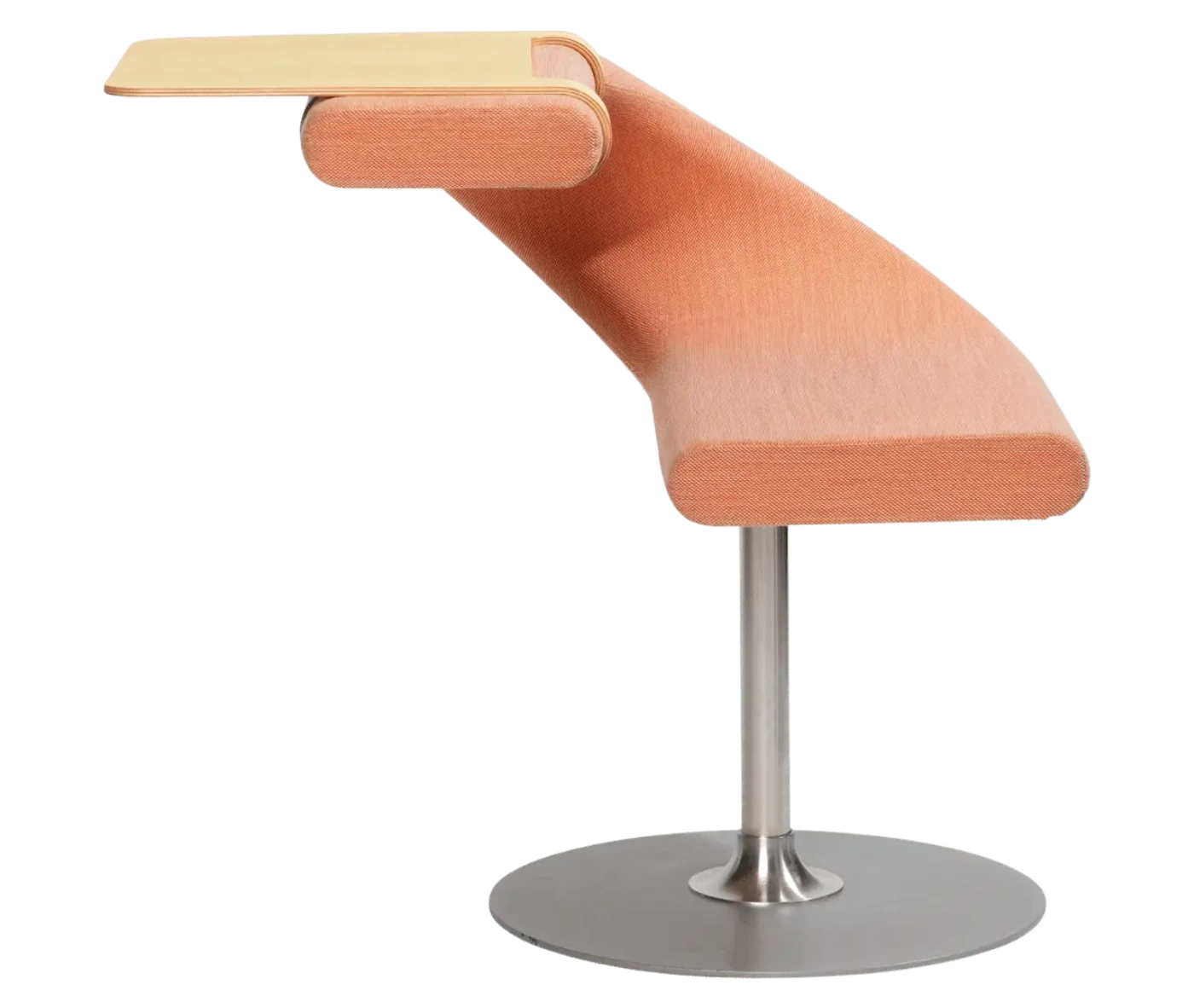 Bla Station Innovation C-shaped chair in front view, upholstered design, integrated timber tabletop, and pedestal base.