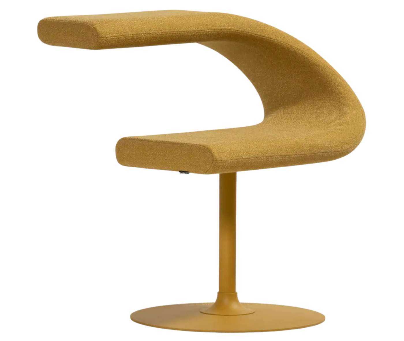 Bla Station Innovation C-shaped chair in front-right view, combining seating and a tabletop with mustard upholstery.