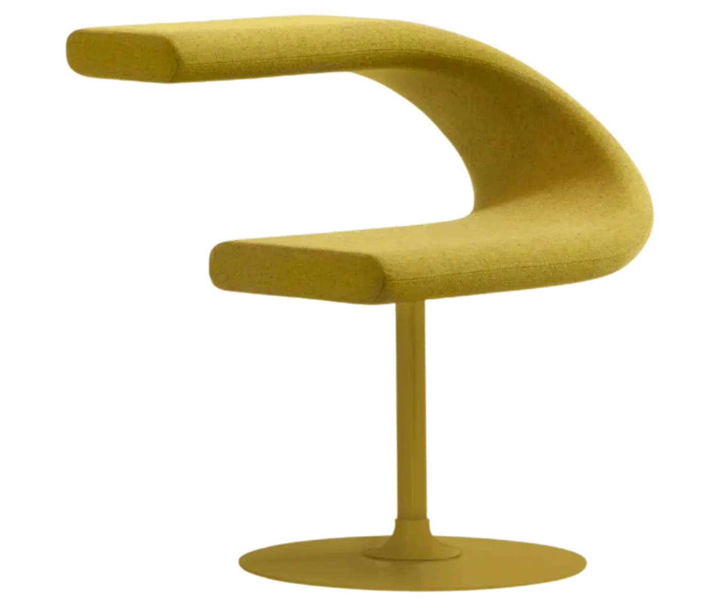 Bla Station Innovation C-shaped chair in front-right view, combining seating and a tabletop with yellow upholstery.