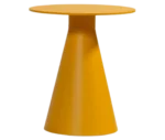 Bla Station Jackless table in front view, yellow finish with smaller round top and wide tapered metal base.