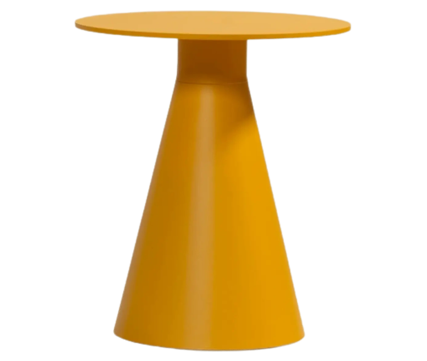 Bla Station Jackless table in front view, yellow finish with smaller round top and wide tapered metal base.