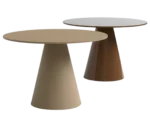 Bla Station Jackless tables in front view, beige and brown finish with round top and wide tapered metal base.