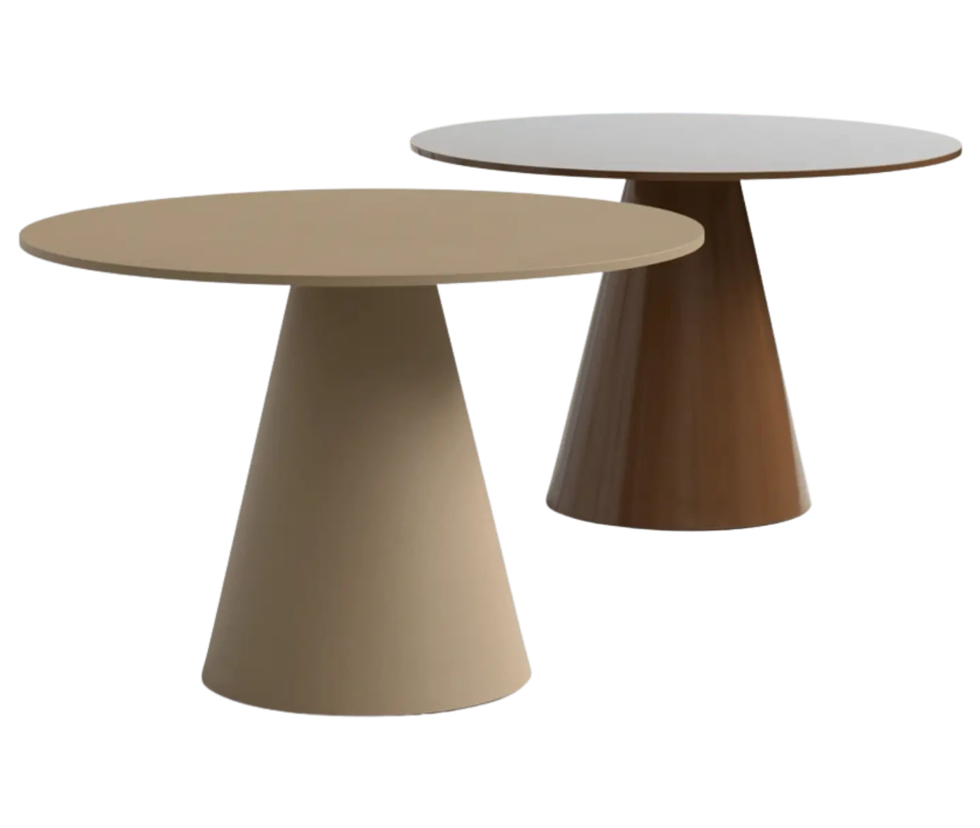 Bla Station Jackless tables in front view, beige and brown finish with round top and wide tapered metal base.