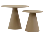 Bla Station Jackless tables in beige metal finish, in front view with round tabletops and tapered conical bases in different sizes.