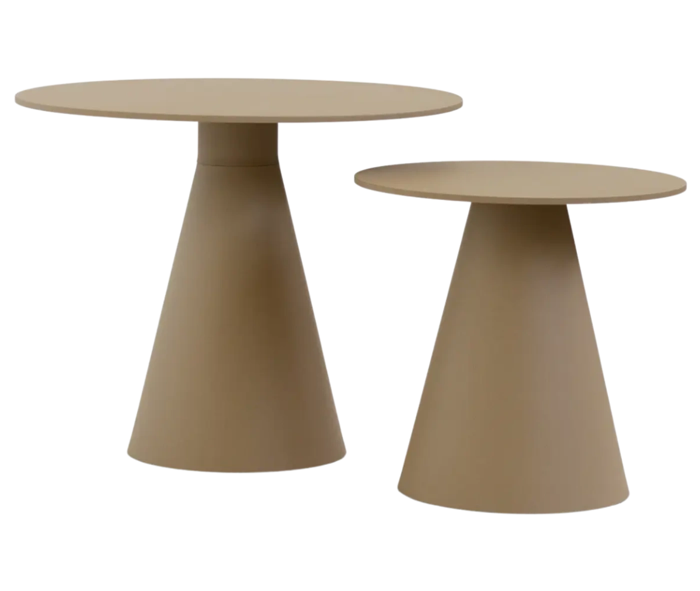 Bla Station Jackless tables in beige metal finish, in front view with round tabletops and tapered conical bases in different sizes.